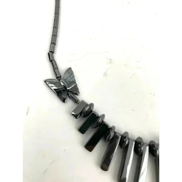 Gray Butterfly Beaded Hematite Stone Graduated Fan Sticks Collar Necklace 16" - Picture 8 of 13